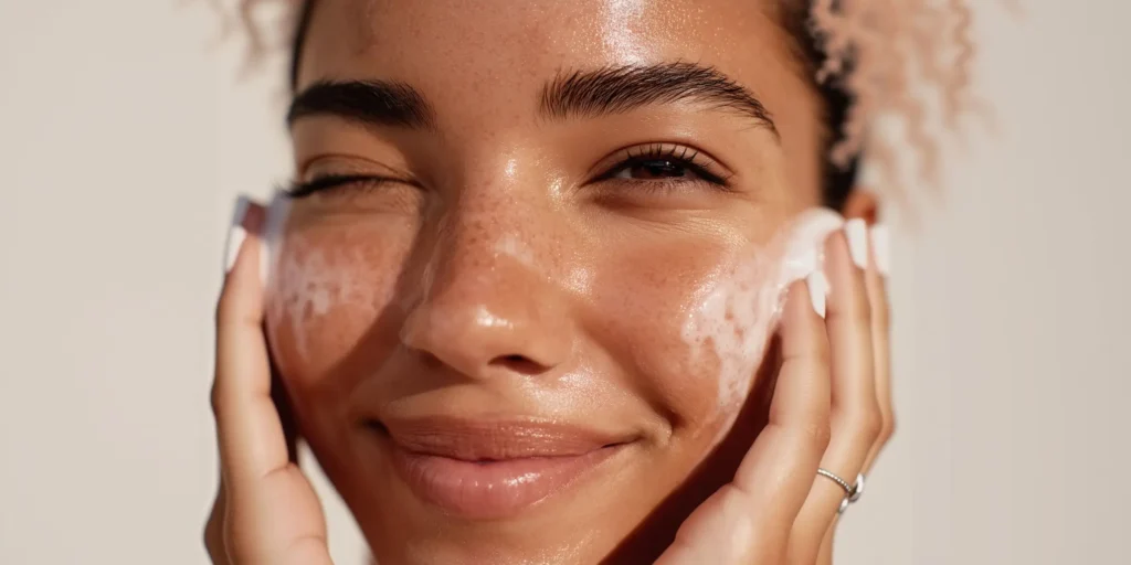 Une jeune femme se met de la crème pour le visage sur ses deux pommettes