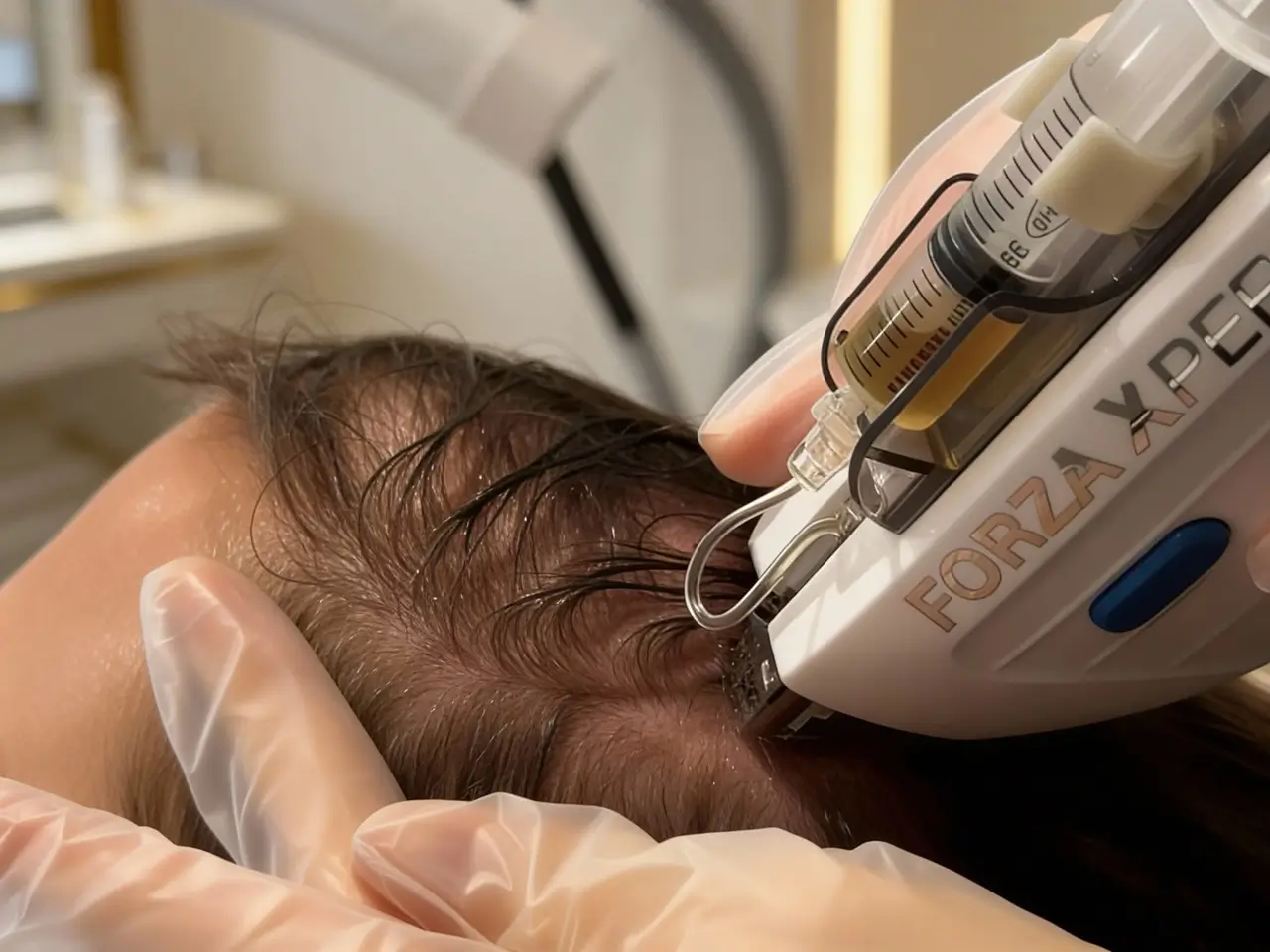 Pistolet Forza expert en action sur le cuir chevelu d'un client masculin